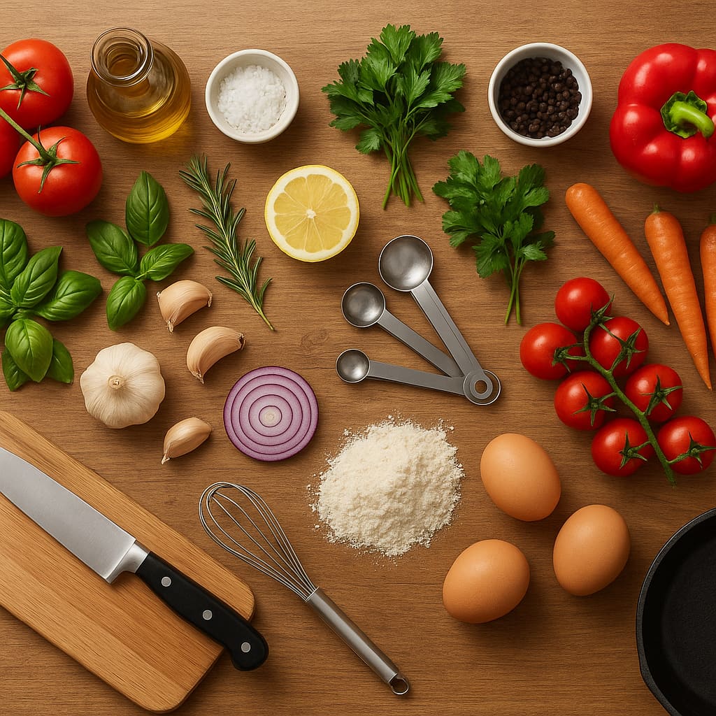 Frische Zutaten und Kochutensilien